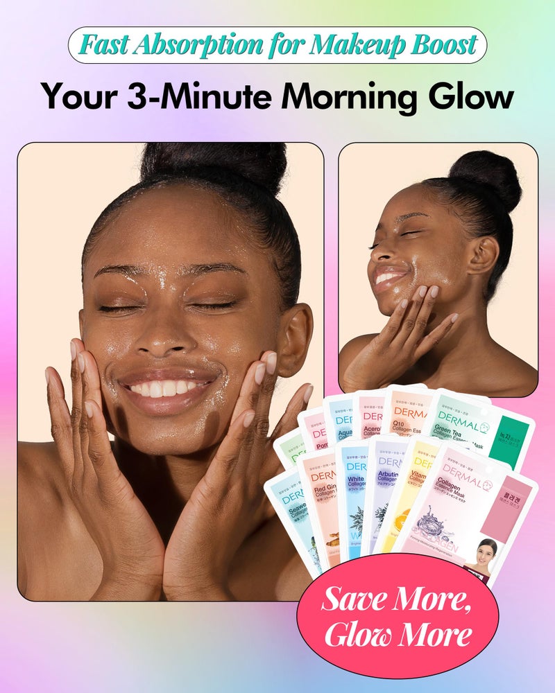 DERMAL 26 Combo Pack Collagen Essence Korean Face Mask (Red & Green) - Hydrating & Soothing Facial Mask with Panthenol - Hypoallergenic Sheet Mask for All Skin Types - Natural Home Spa Treatment Mask - Image 3